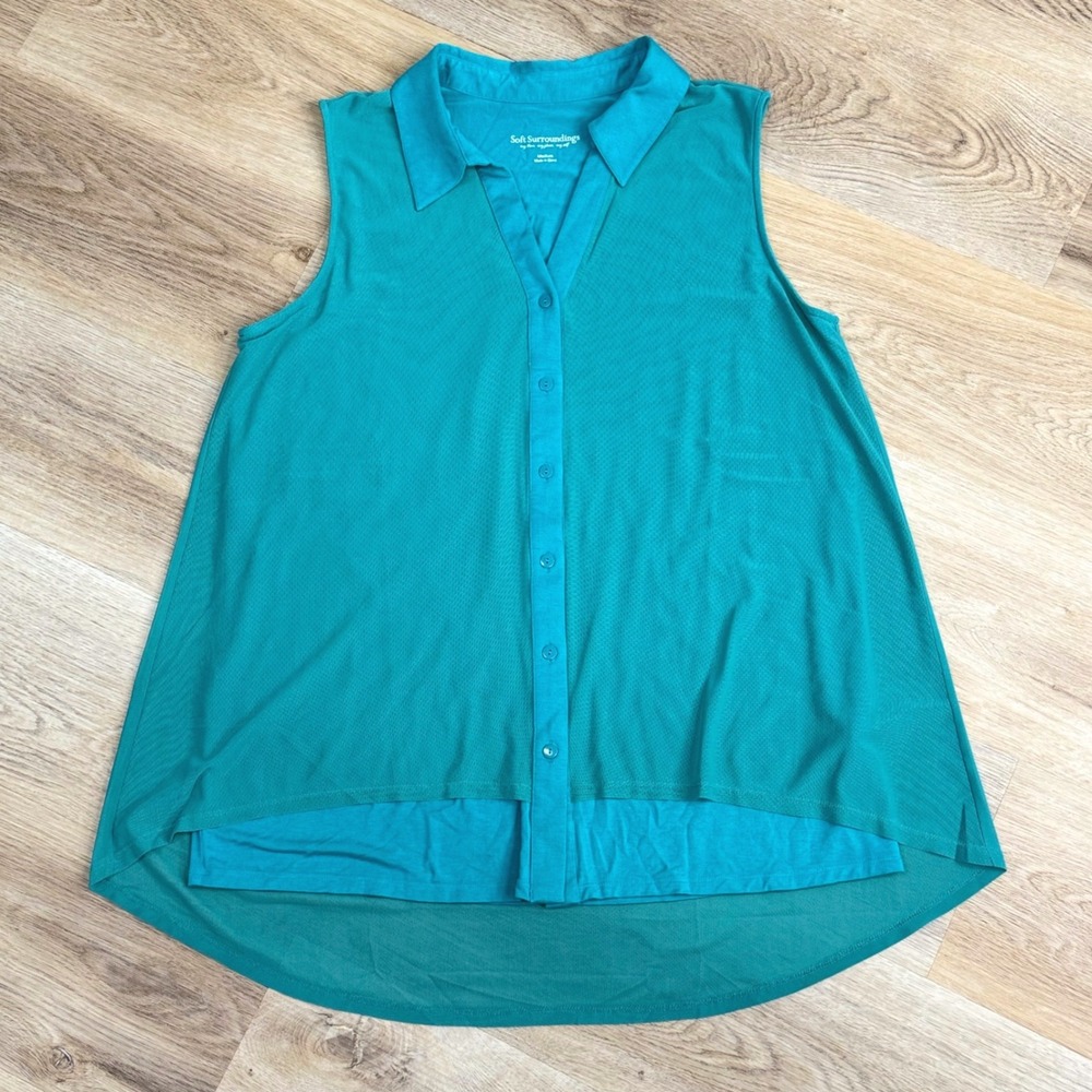 Soft Surroundings Teal Mesh Overlay Sleeveless Button Front Top Womens Size M